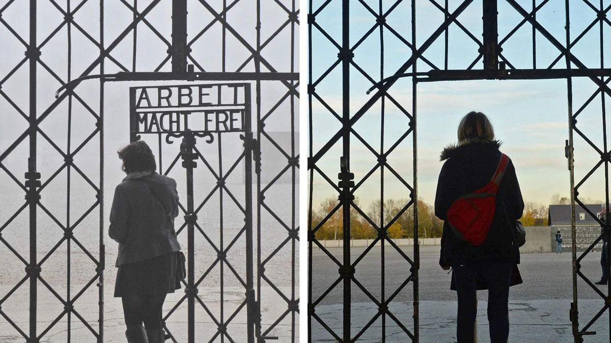 Dos imágenes de la puerta de Dachau antes y después del robo 