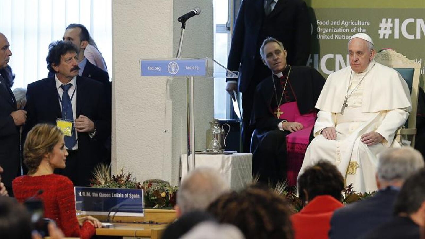 El papa Francisco y la reina Letizia en la Conferencia sobre Nutrici&oacute;n