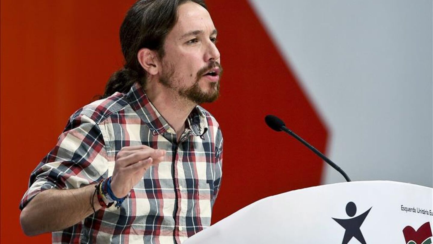 Pablo Iglesias durante su intervenci&oacute;n en Lisboa