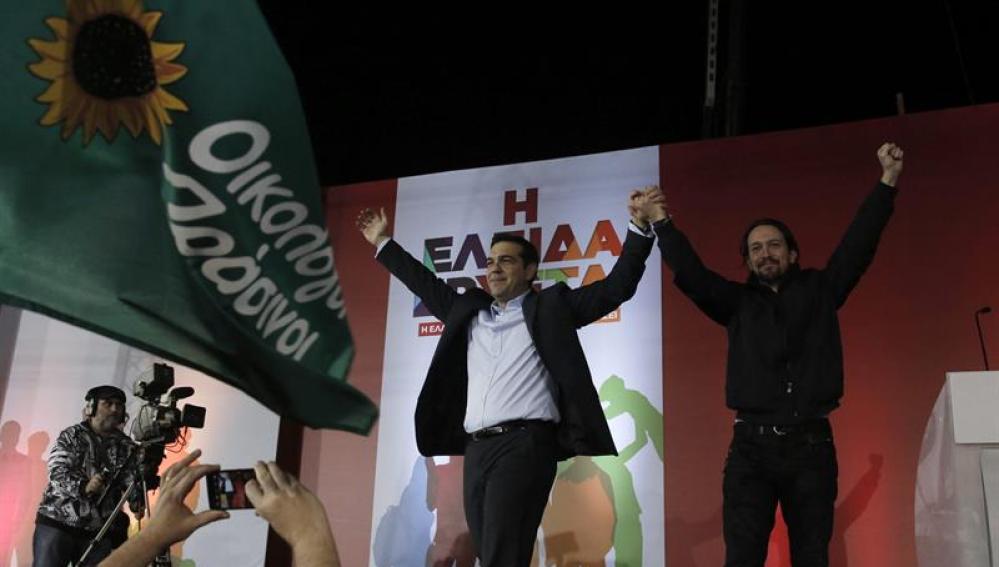 Pablo Iglesias, en un mitin junto a Alexis Tsipras