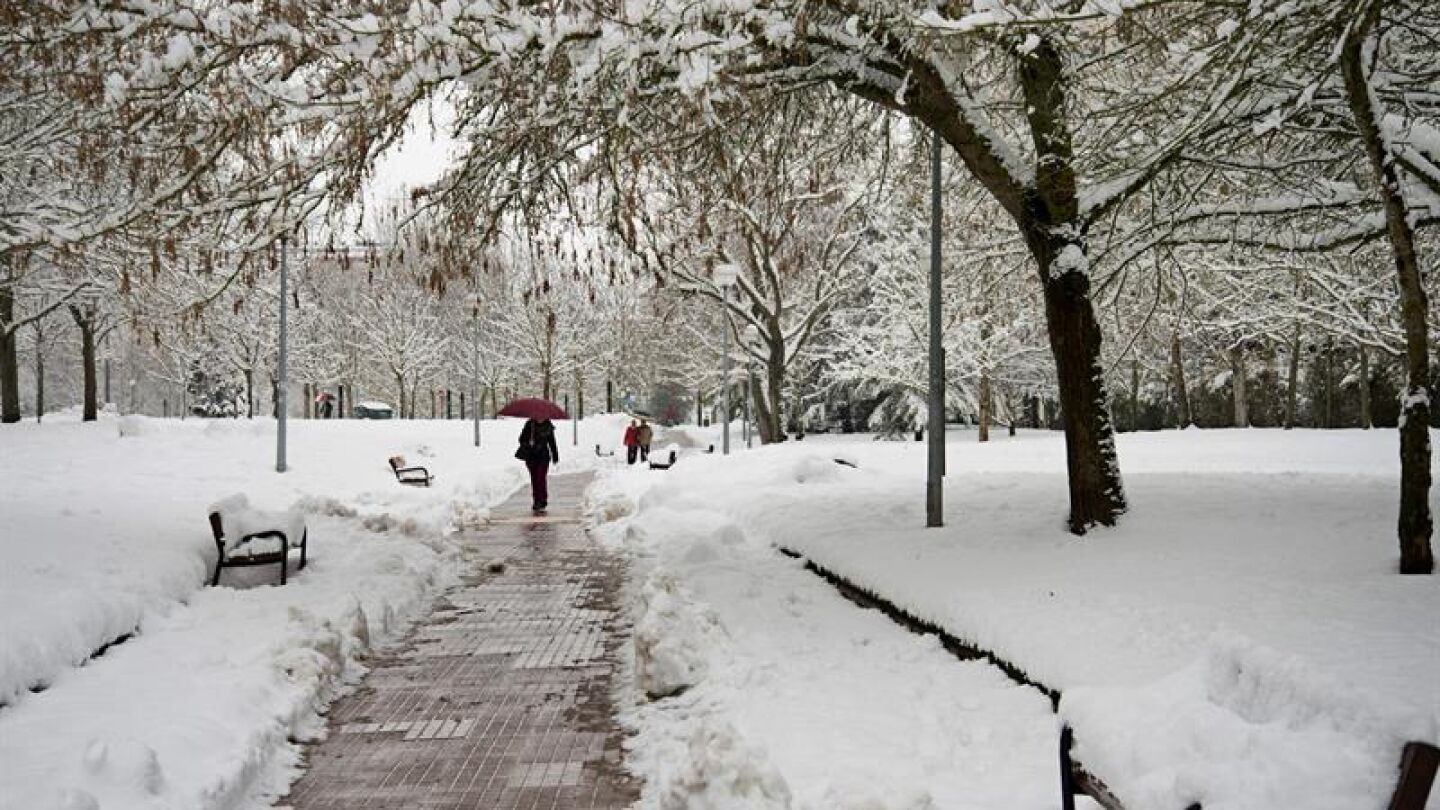 Varias personas pasean por uno de los parques nevados de Vitoria