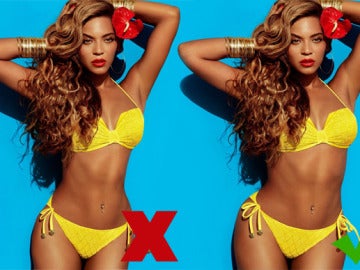 Beyonce en una campaña de ropa, antes y después de pasar por Photoshop. Beyonce en una campaña de ropa, antes y después de pasar por Photoshop.