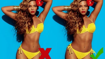 Beyonce en una campaña de ropa, antes y después de pasar por Photoshop.