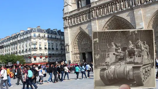 Turistas entrando y saliendo de Notre Dame, donde los tanques celebraron el desfile de la Liberación de París Turistas entrando y saliendo de Notre Dame, donde los tanques celebraron el desfile de la Liberación de París