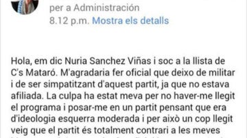 Núria Sánchez-Viñas renuncia por facebook