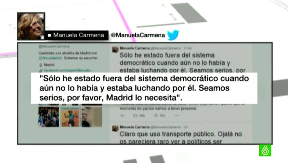 Manuela Carmena responde a Aguirre en Twitter