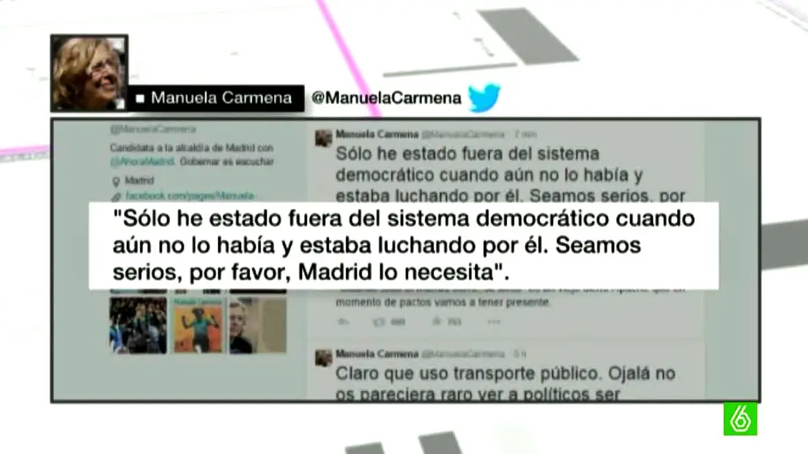 Manuela Carmena responde a Aguirre en Twitter
