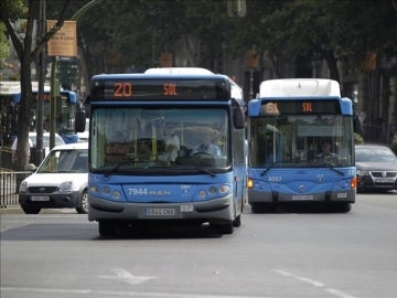 Dos autobuses de la EMT circulan por el madrileño Paseo de la Castellana Dos autobuses de la EMT circulan por el madrileño Paseo de la Castellana