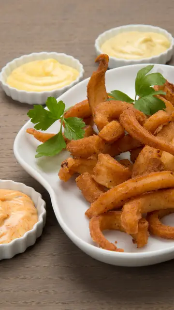 Calamares rebozados con mahonesas variadas Calamares rebozados con mahonesas variadas