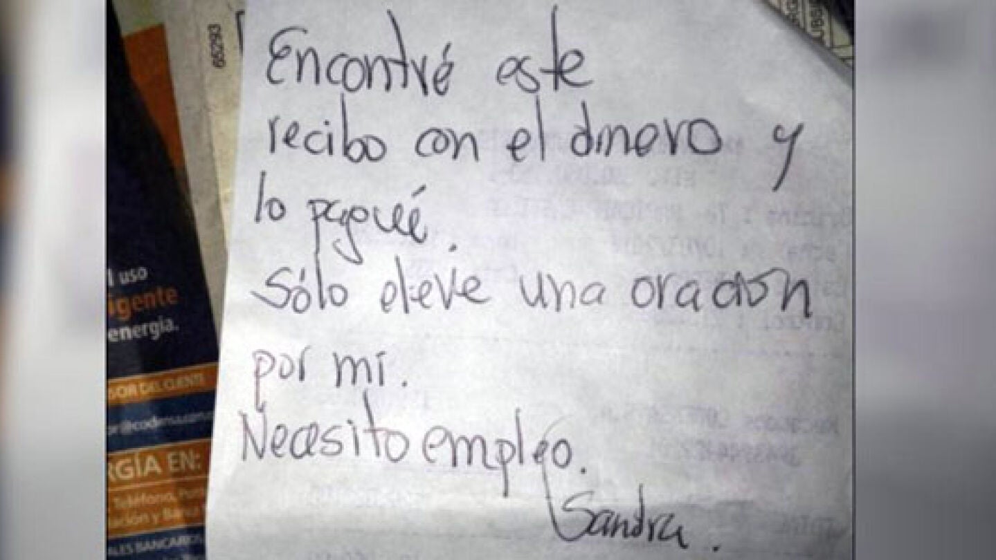 Mensaje de la mujer que encontr&oacute; el recibo y el dinero