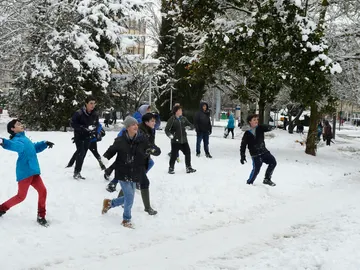 Varios niños juegan con la nieve Varios niños juegan con la nieve