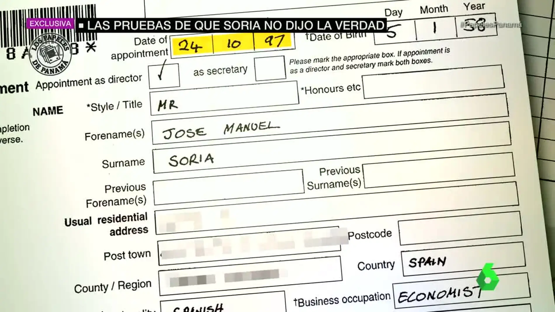 Documento de José Manuel Soria en Mossack Fonseca