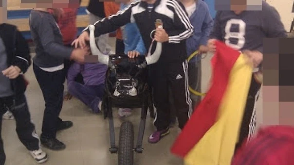 Alumnos del CEIP Camón Aznar con un carretón Alumnos del CEIP Camón Aznar con un carretón
