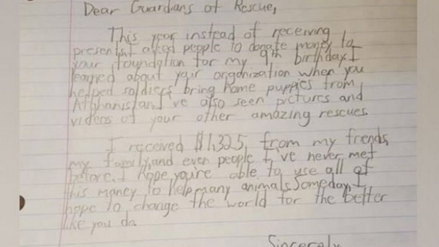 Imagen de la carta de Mateo a la organizaci&oacute;n de rescate animal