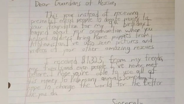 Imagen de la carta de Mateo a la organizaci&oacute;n de rescate animal