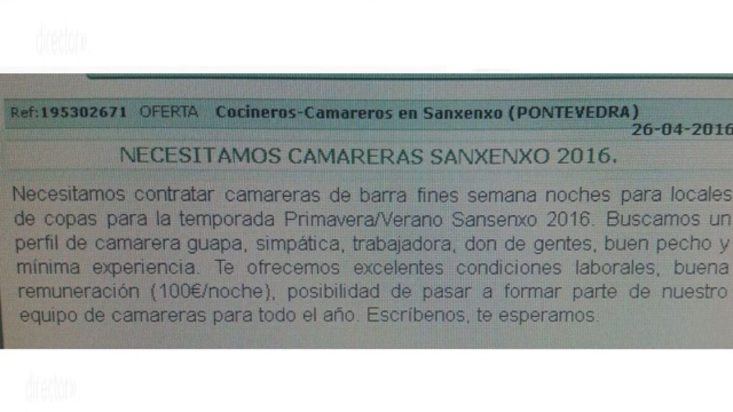 Captura del anuncio colgado en internet