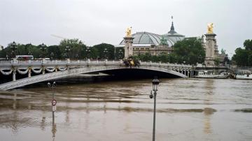 Vista general de lámparas parcialmente sumergidas junto al puente Alexandre III en el río Sena en París