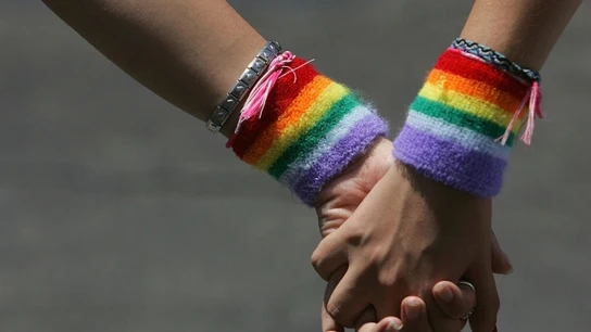 Una pareja gay pasea de la mano Una pareja gay pasea de la mano