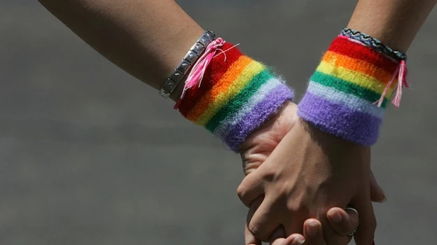Una pareja gay pasea de la mano Una pareja gay pasea de la mano