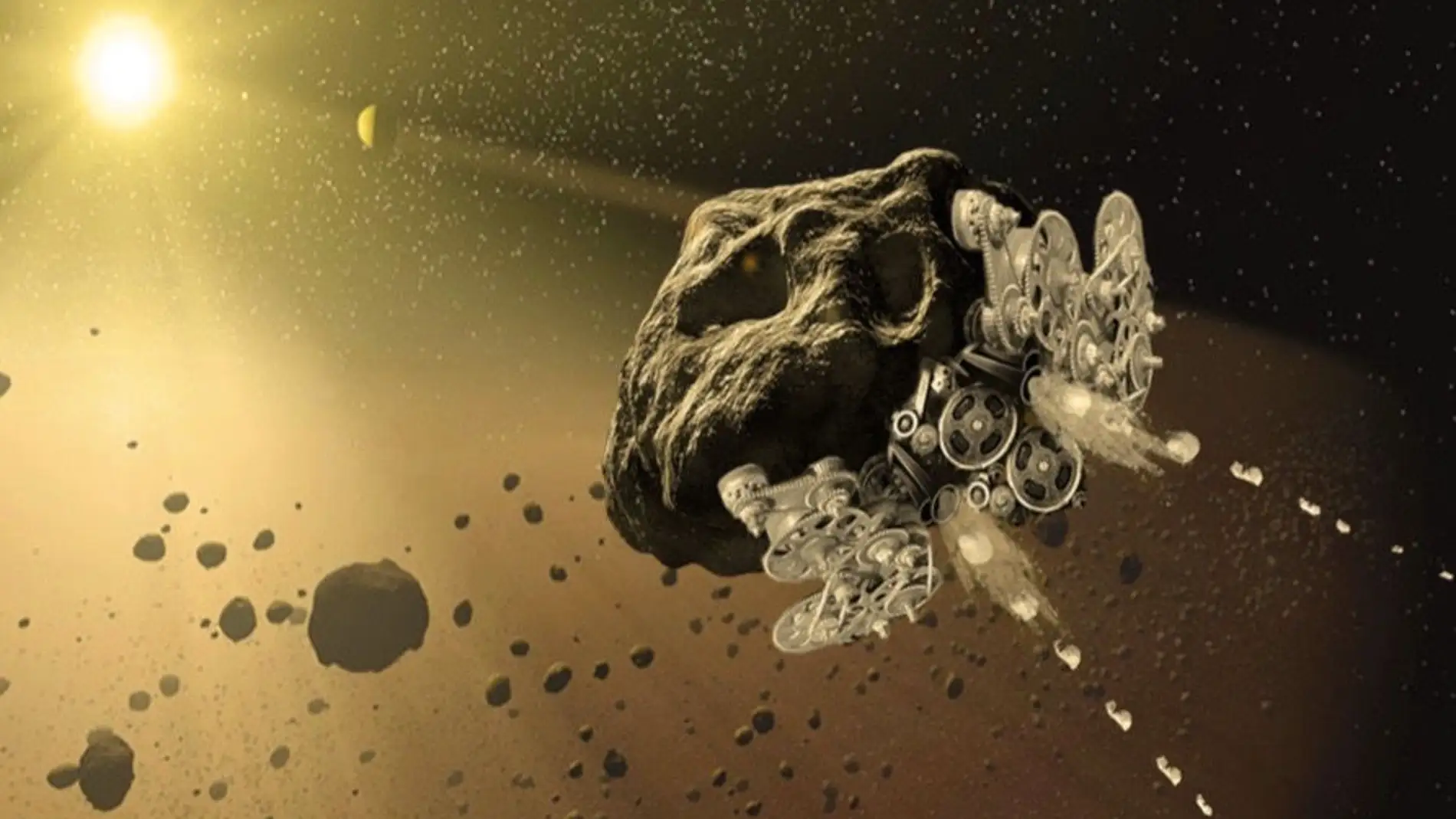Representación artística de un asteroide transformado en un transbordador espacial giganteRepresentación artística de un asteroide transformado en un transbordador espacial gigante