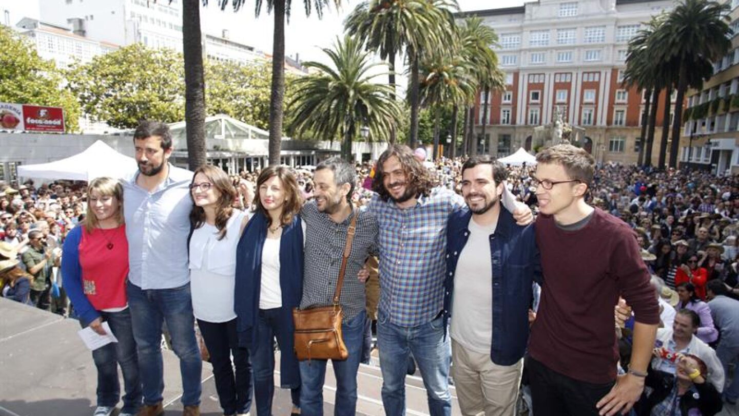 Garz&oacute;n, Errej&oacute;n y Oltra en un mitin