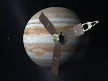 Representación artística de la sonda Juno con Júpiter al fondo Representación artística de la sonda Juno con Júpiter al fondo