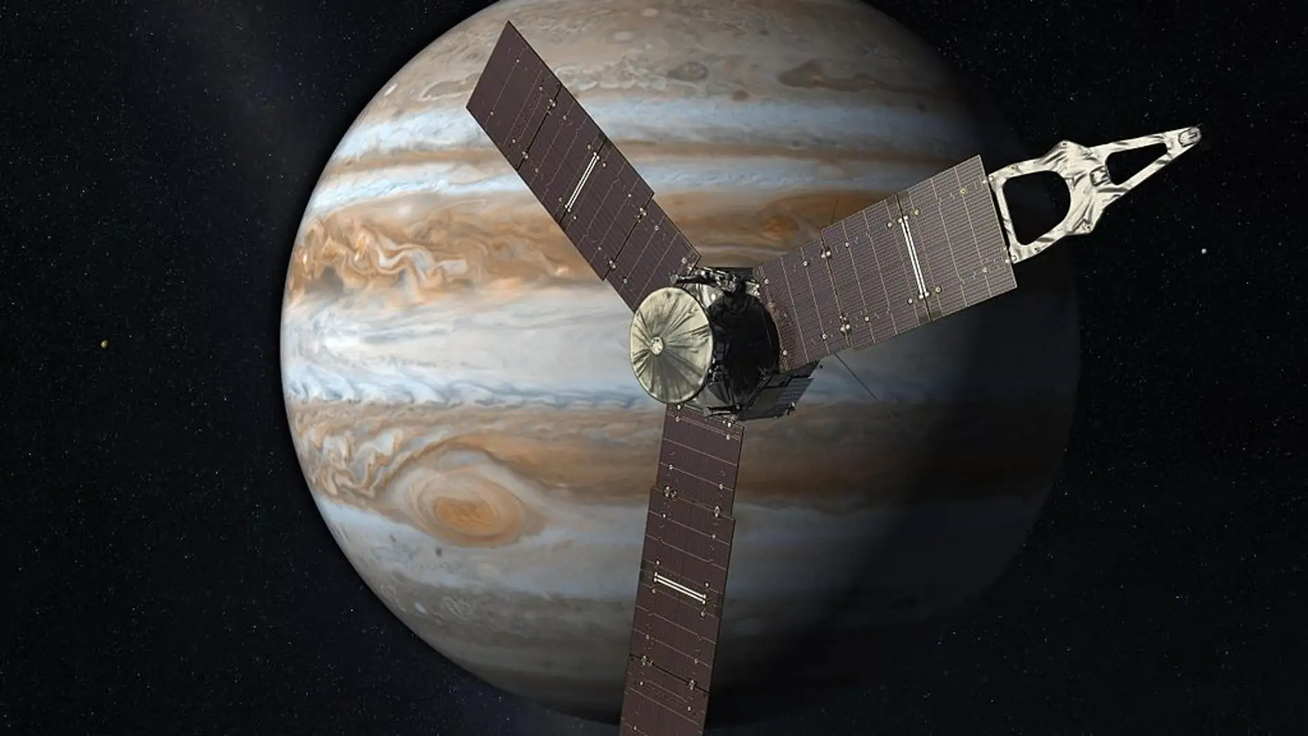 Representación artística de la sonda Juno con Júpiter al fondo