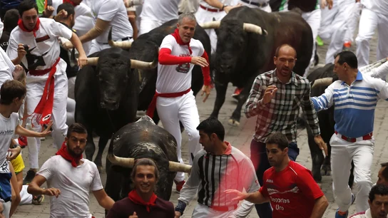 Los toros de Victoriano del Río en el sexto encierro de San Fermín 2016. Los toros de Victoriano del Río en el sexto encierro de San Fermín 2016.