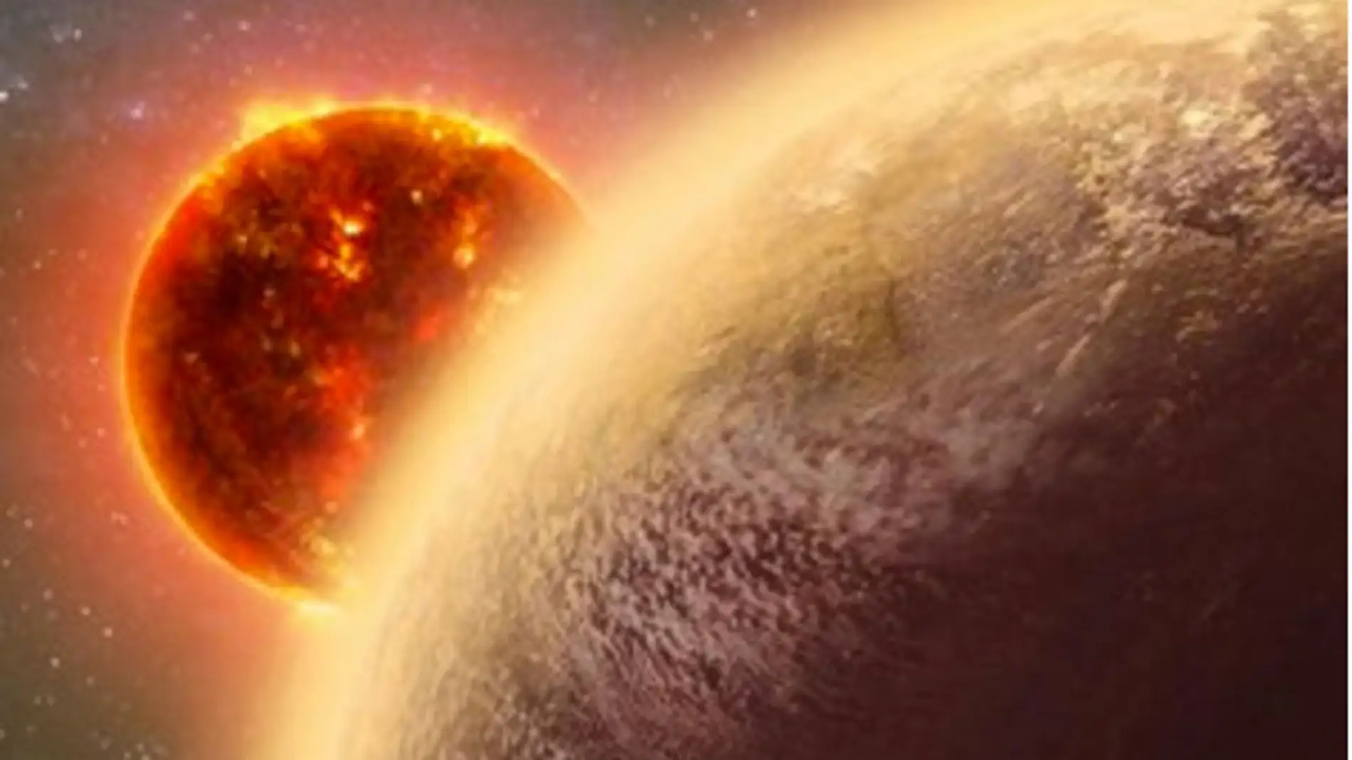 Exoplaneta con atmósfera girando alrededor de una estrella enana rojaExoplaneta con atmósfera girando alrededor de una estrella enana roja