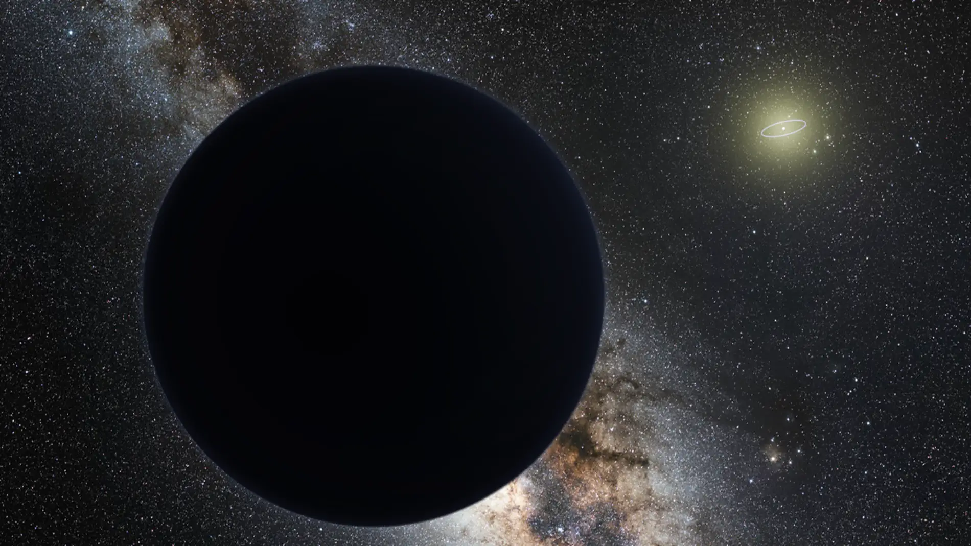 Impresión artística del Planeta Nueve eclipsando la parte central de la Vía Láctea. La órbita de Neptuno está marcada por una elipse alrededor del Sol
