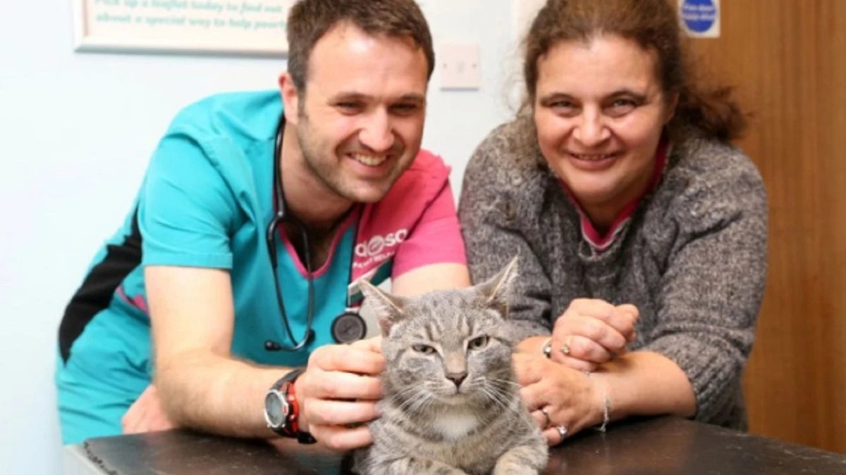 Bobby junto a su dueña y un veterinario.