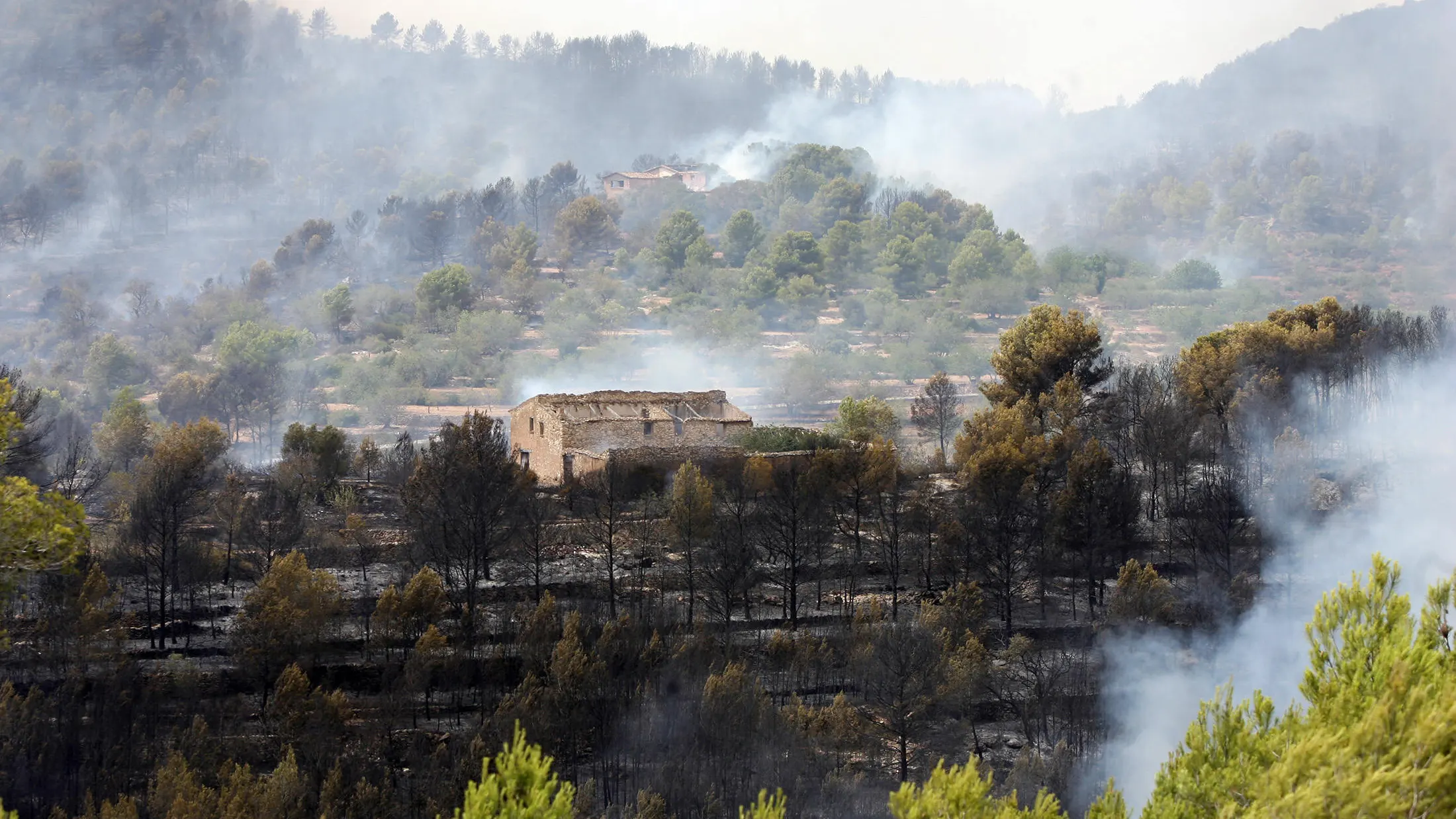 Una masía con el entorno quemado a causa del incendio en La Pobla de Montornès, Tarragona.