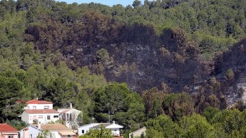 Efectos del incendio declarado en La Pobla de Montornes, que ya ha quemado unas 465,7 hectáreas de bosque. 