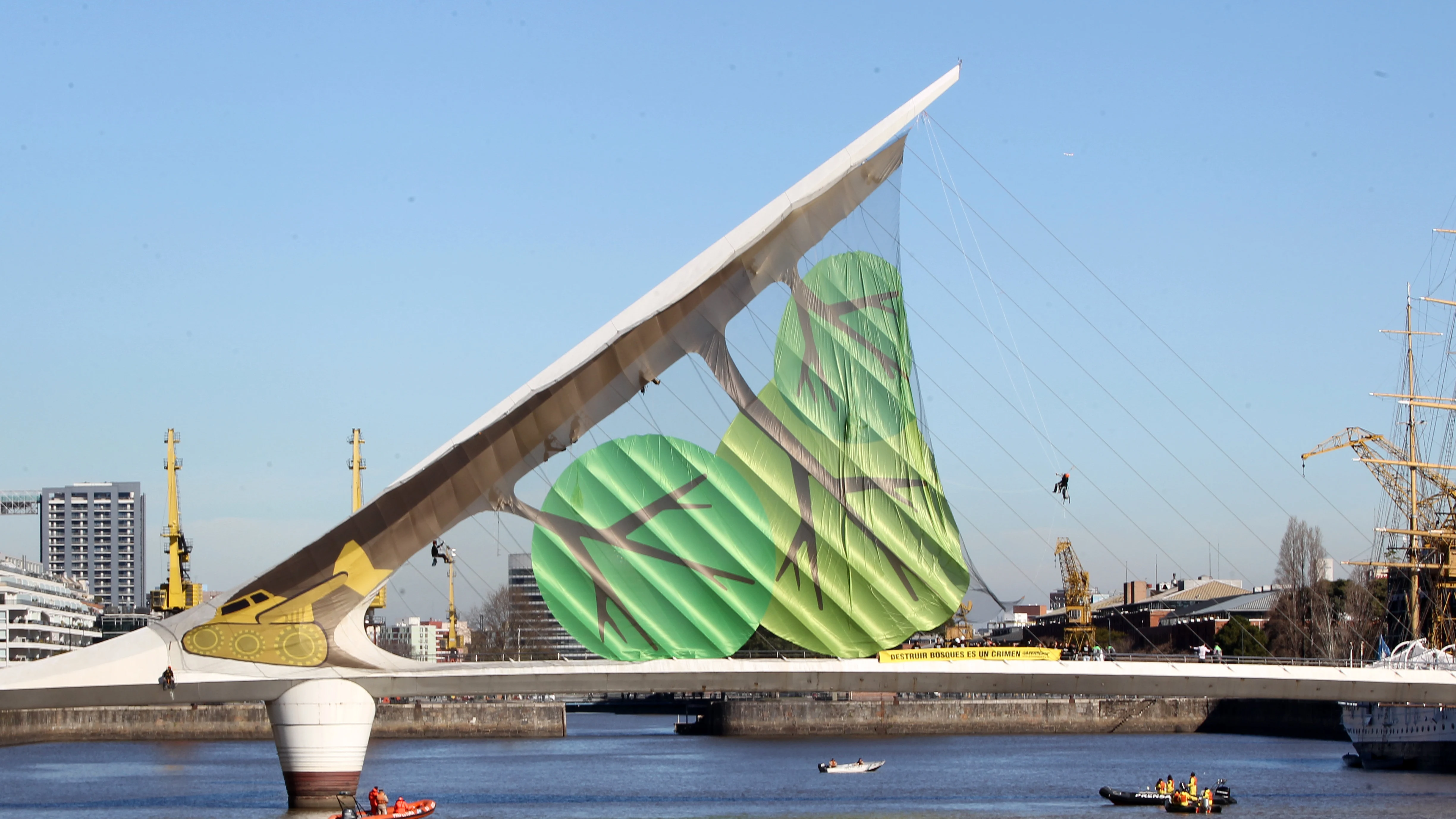 Greenpeace convierte un puente en un árbol caído