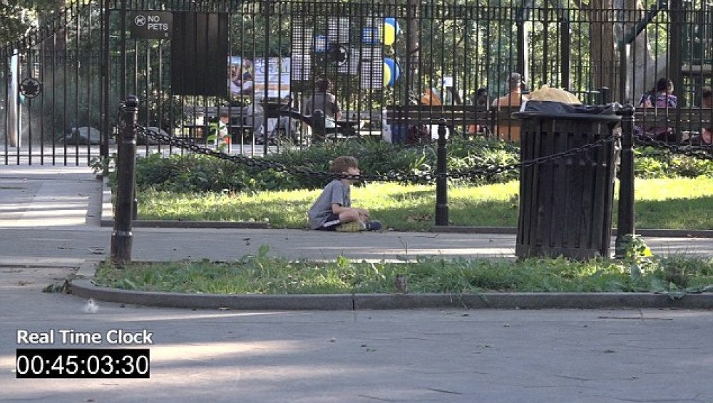 Sam sentado solo en el parque 