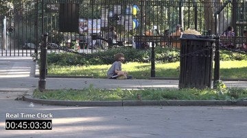 Sam sentado solo en el parque 