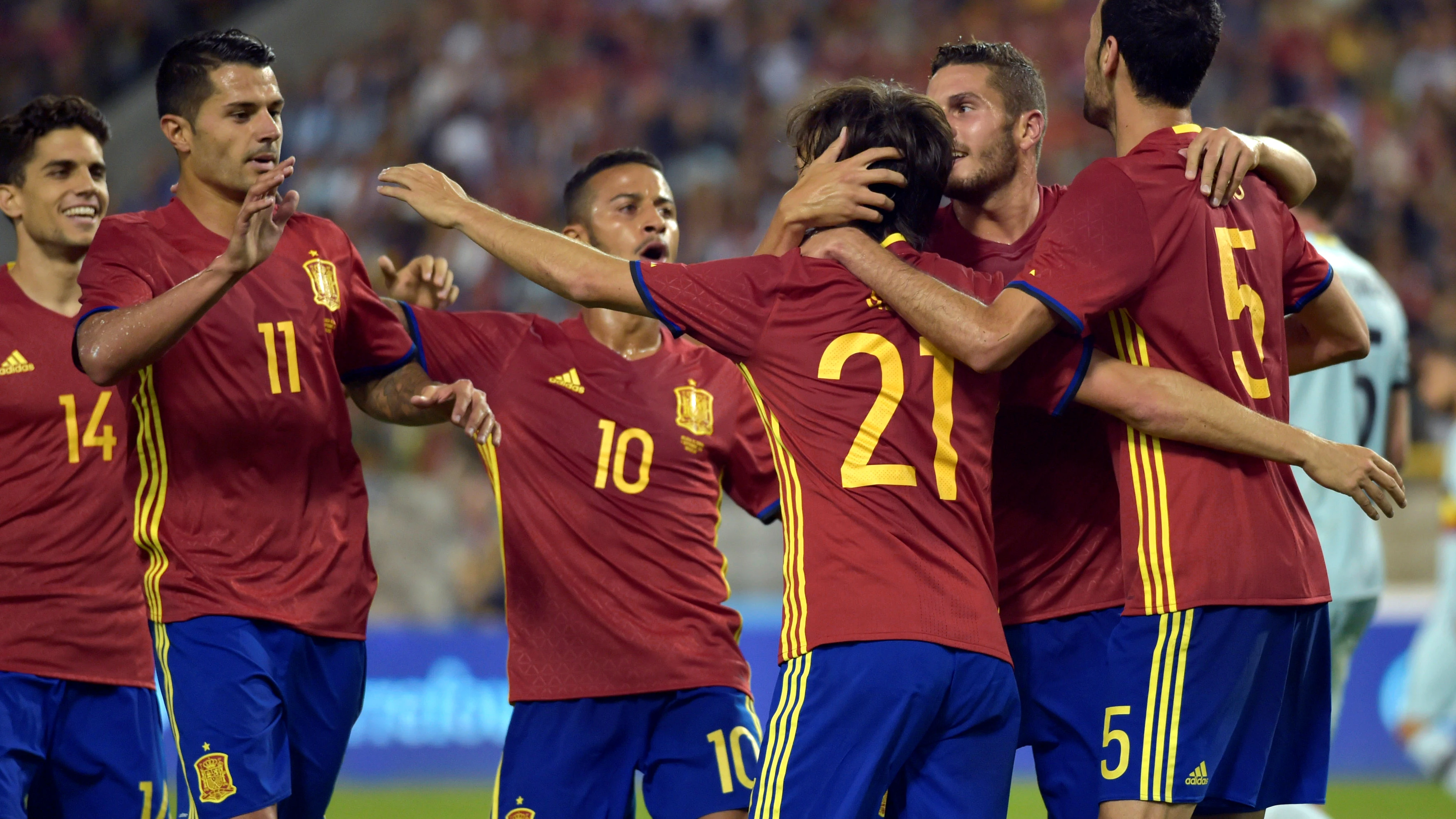 Los jugadores de España celebran el gol de Silva ante Bélgica Los jugadores de España celebran el gol de Silva ante Bélgica
