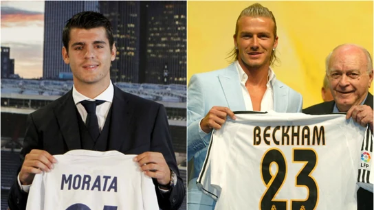 Morata y Beckham en sus presentaciones con el Real Madrid. Morata y Beckham en sus presentaciones con el Real Madrid.