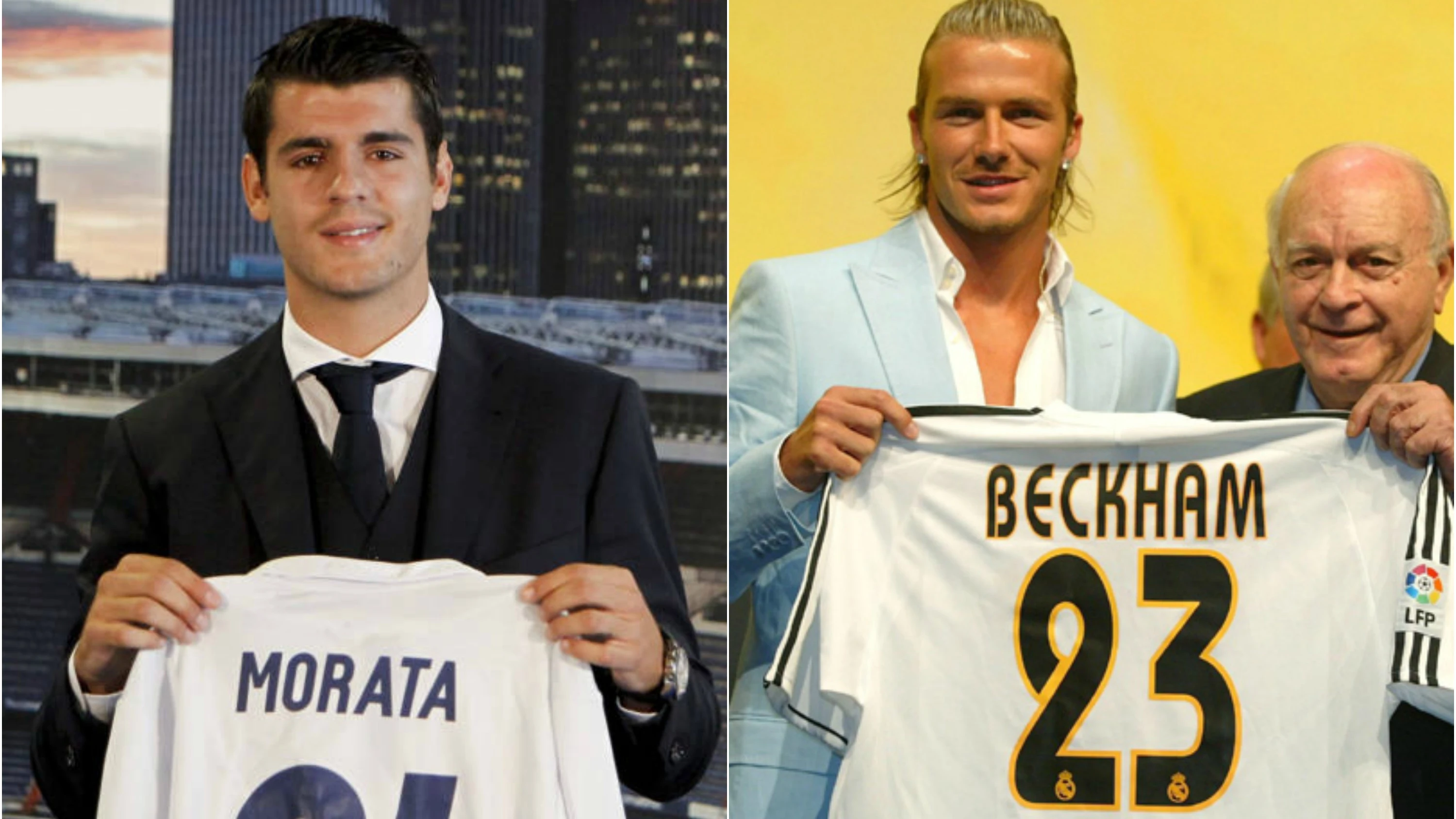 Morata y Beckham en sus presentaciones con el Real Madrid.