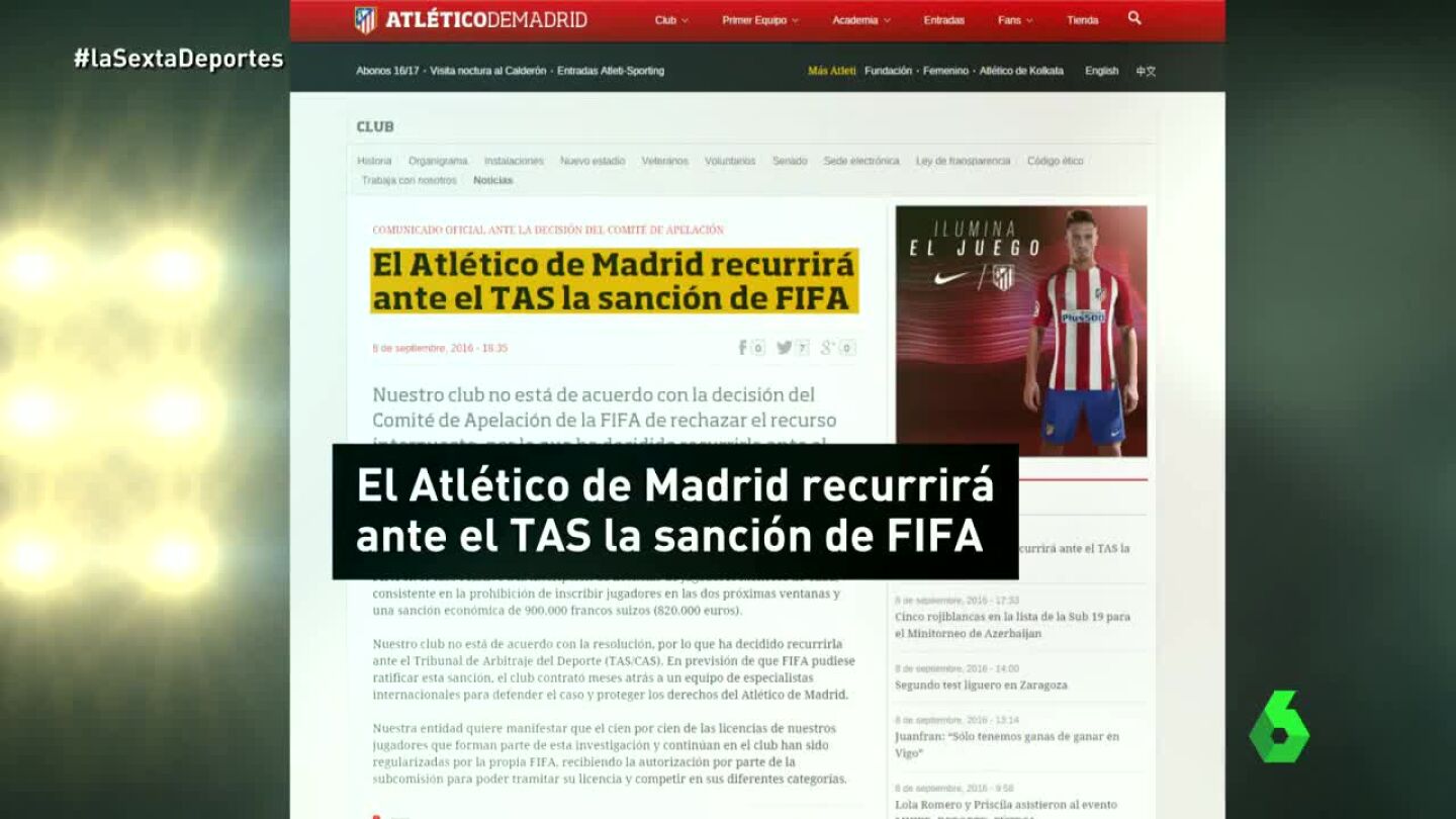 El comunicado del Atl&eacute;tico informando que recurrir&aacute;n al TAS la sanci&oacute;n de la FIFA