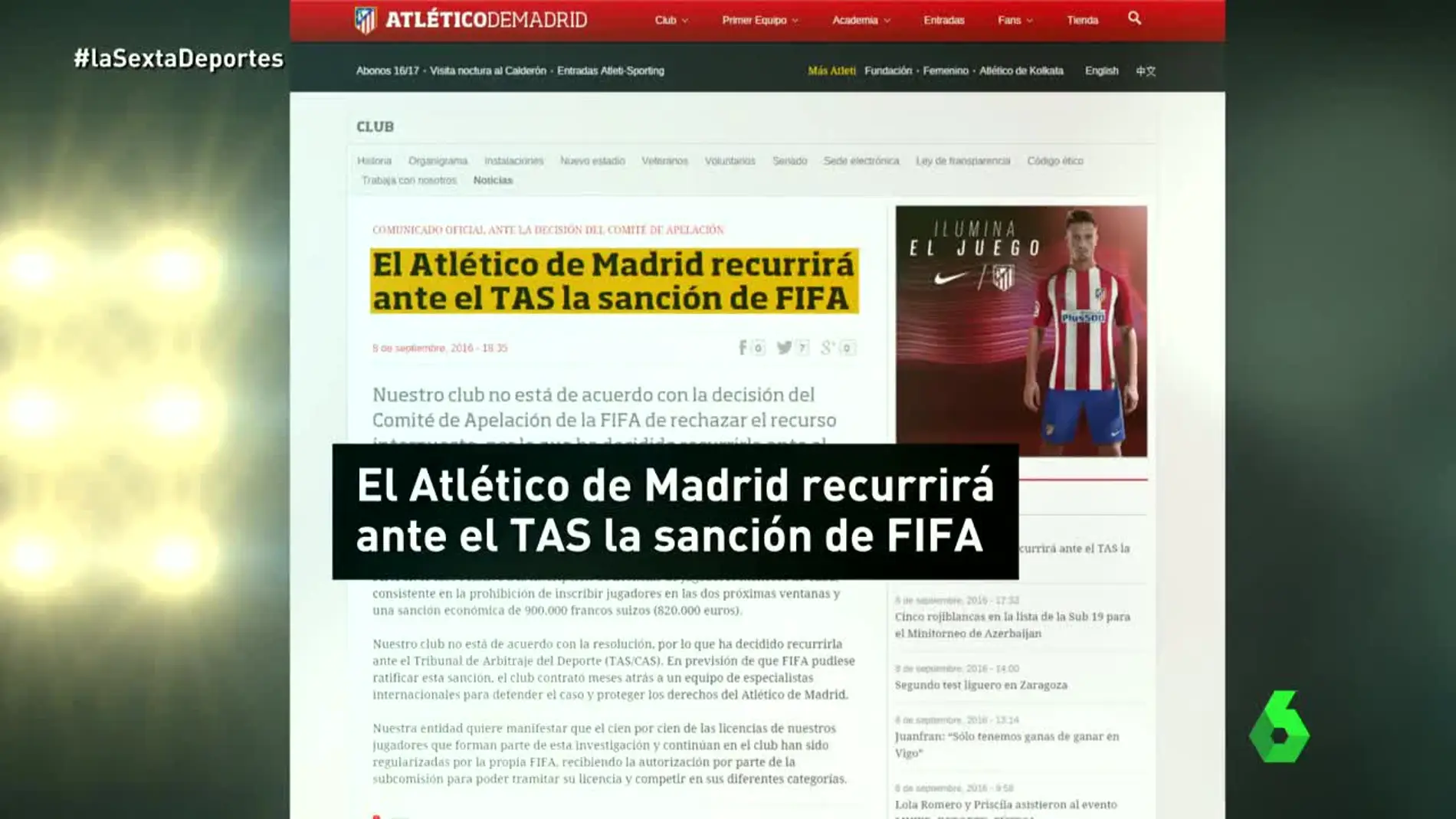 El comunicado del Atlético informando que recurrirán al TAS la sanción de la FIFA.