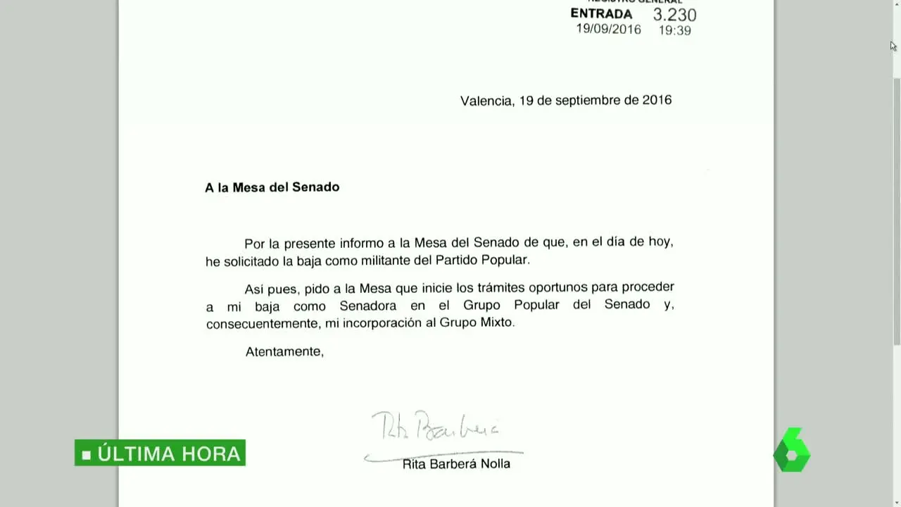 Comunicado de Rita Barberá al Senado