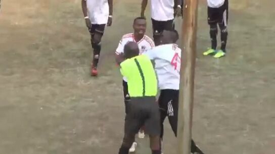 Un &aacute;rbitro y un jugador peg&aacute;ndose en Zimbabue.