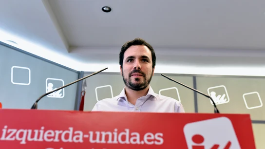 El coordinador federal de IU, Alberto Garzón, durante una rueda de prensa. El coordinador federal de IU, Alberto Garzón, durante una rueda de prensa.