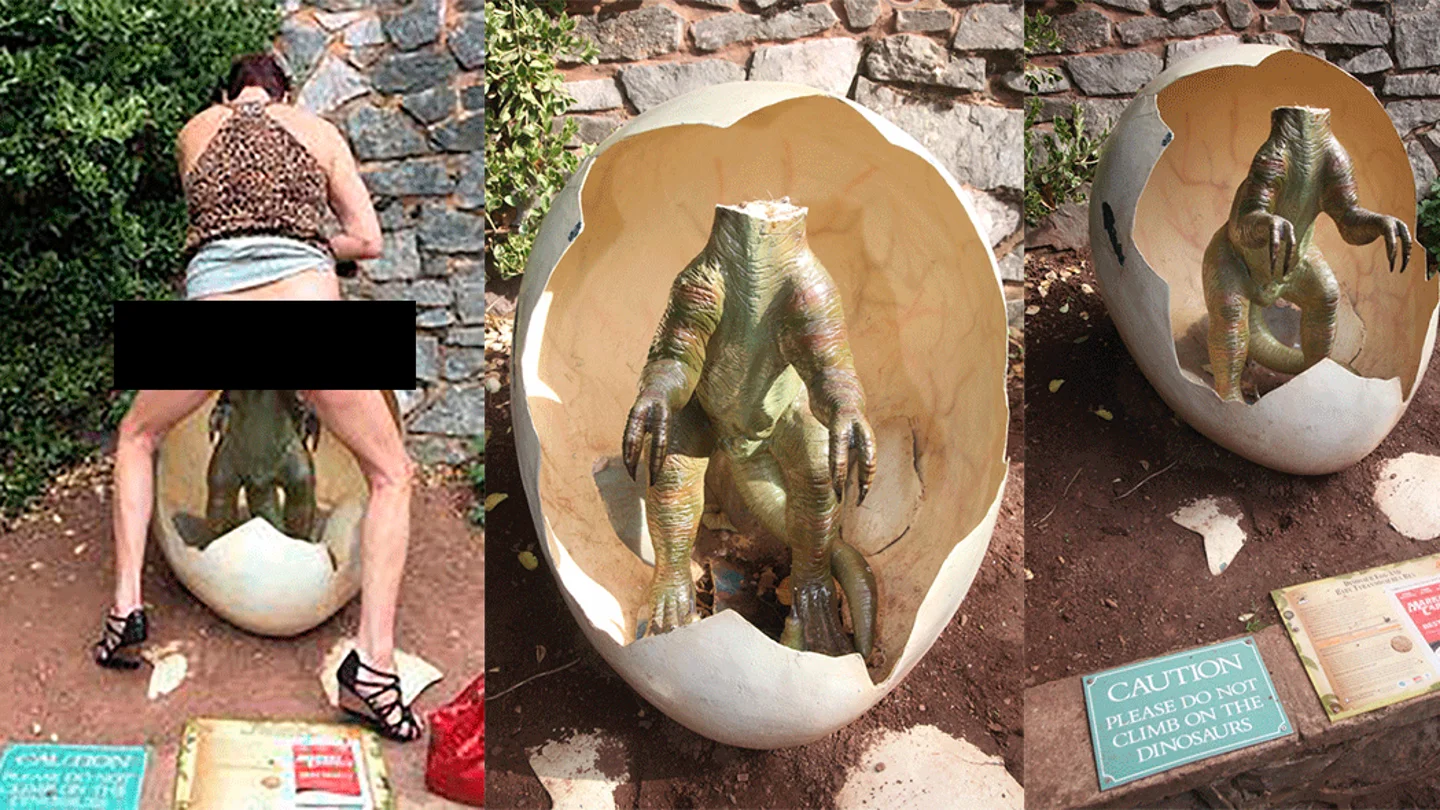 Imágenes de la mujer 'practicando sexo' y el dinosaurio del parque de atracciones Imágenes de la mujer 'practicando sexo' y el dinosaurio del parque de atracciones