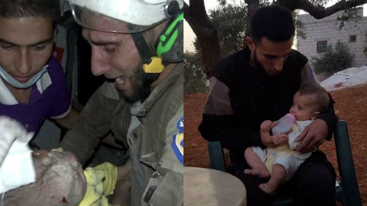 El voluntario de los 'Cascos Blancos' en el momento en el que salv&oacute; a la peque&ntilde;a y en su posterior reencuentro