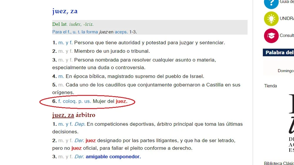 Imagen de la definición de 'jueza' en la RAE