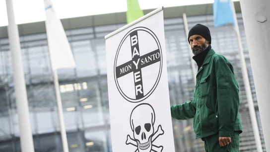 Un agricultor protesta contra la adquisición del fabricante estadounidense de transgénicos Monsanto por parte de Bayer por 66.000 millones de dólares Un agricultor protesta contra la adquisición del fabricante estadounidense de transgénicos Monsanto por parte de Bayer por 66.000 millones de dólares