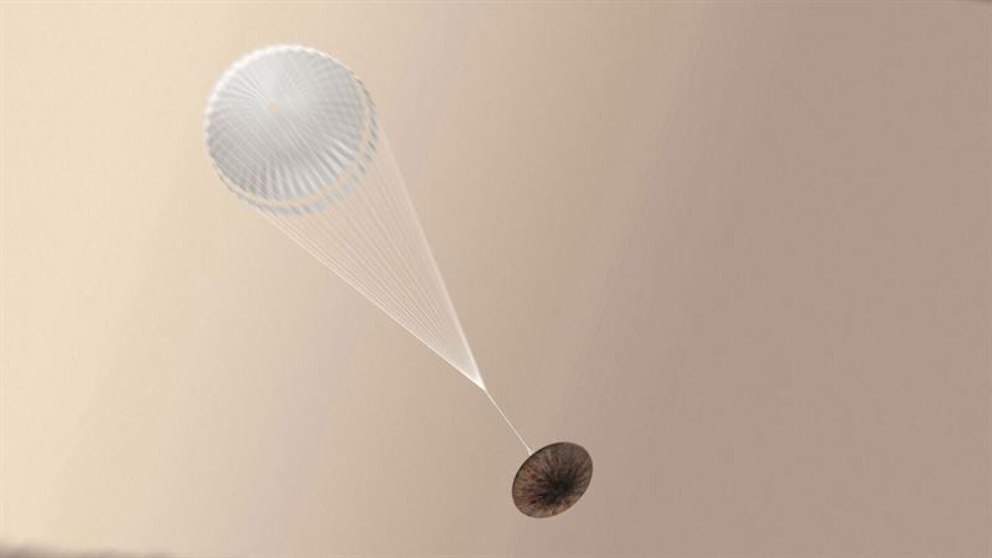 Imagen facilitada por la Agencia Espacial Europea (ESA) muestra una ilustraci&oacute;n de un artista del m&oacute;dulo Schiaparelli durante su aterrizaje en Marte