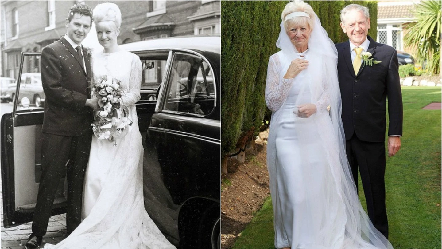 Carol Ann y Jim Stanfield vestidos con la misma ropa con la que se casaron en 1966 Carol Ann y Jim Stanfield vestidos con la misma ropa con la que se casaron en 1966